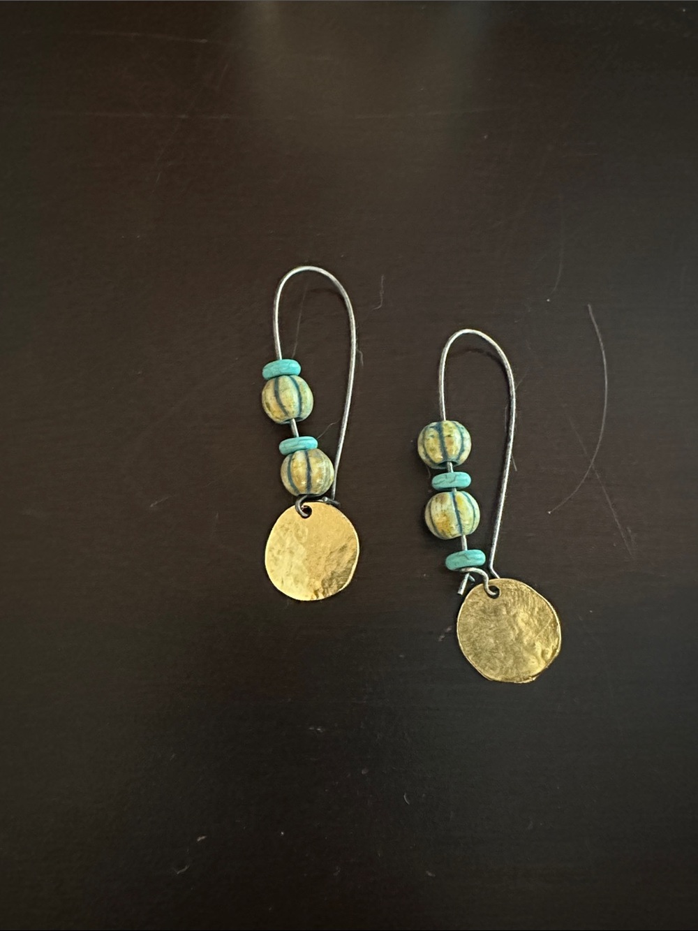 Gold Disc and Turquoise Bead Drop Earrings